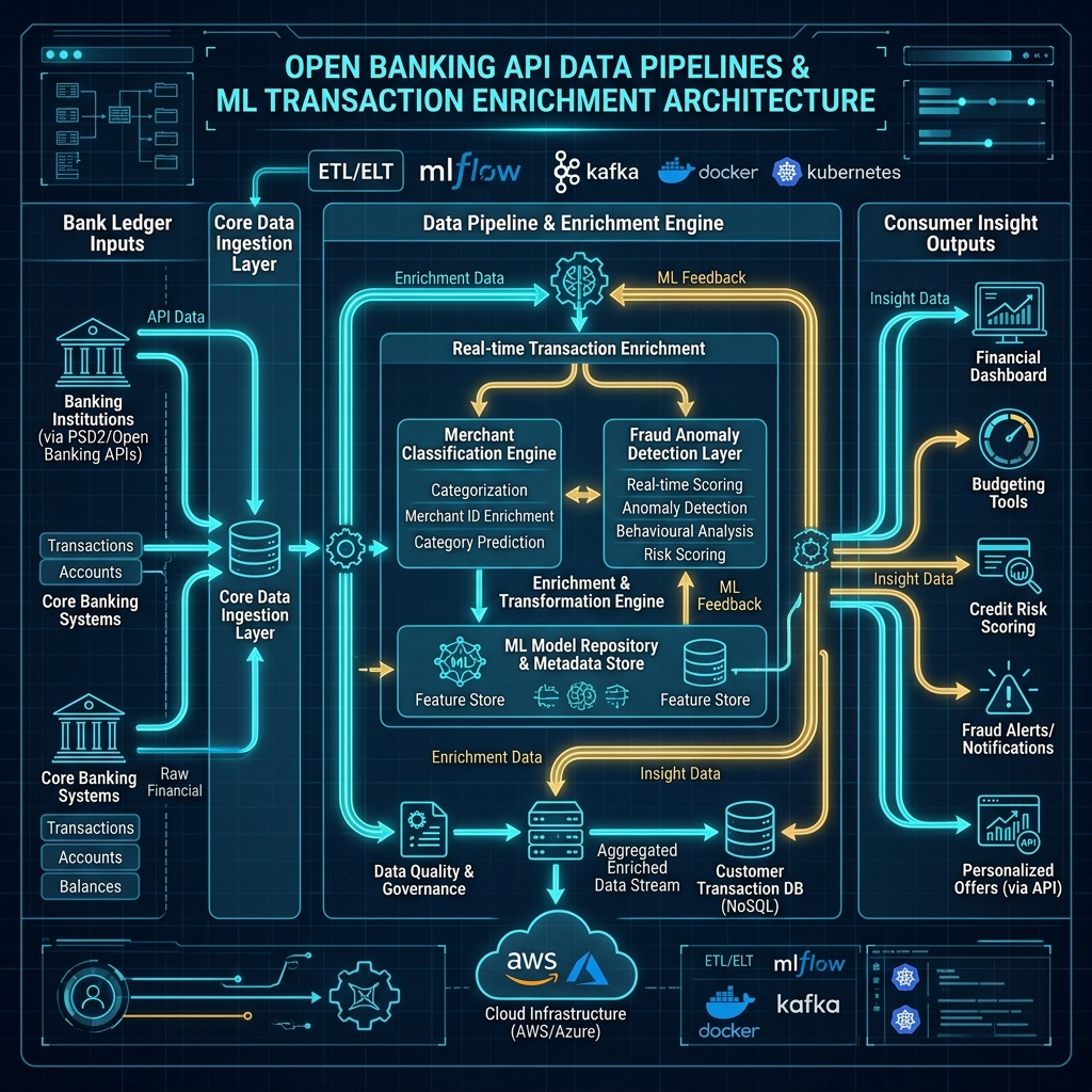 Open Banking API Data Pipelines and ML Transaction Enrichment Architecture